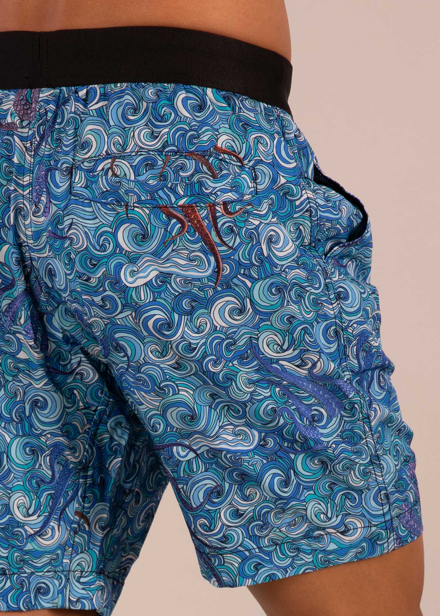 3RD ROCK sustainable adventure and swim MOFO shorts in our blue octowave design