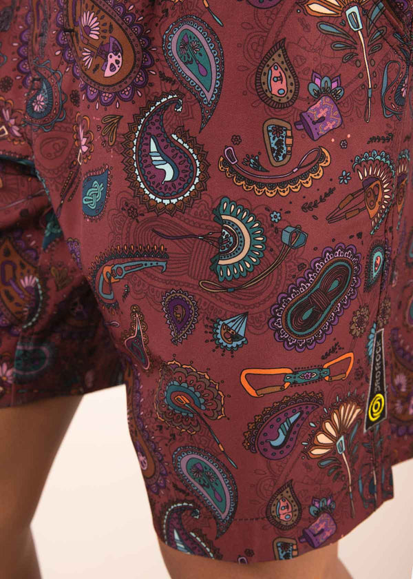 A close up of our climbing gear paisley pattern on our 3RD ROCK MOFO recycled shorts.