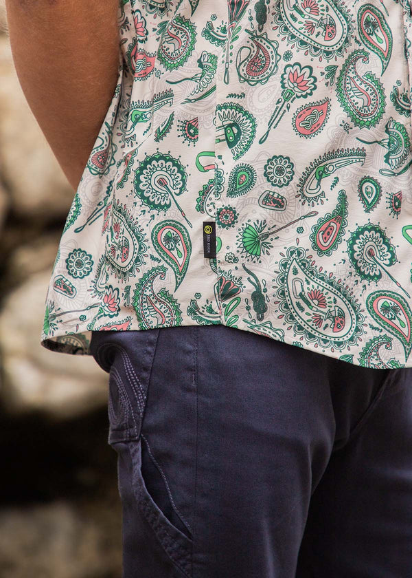 3RD ROCK climbing shirt with trad gear in paisley pattern