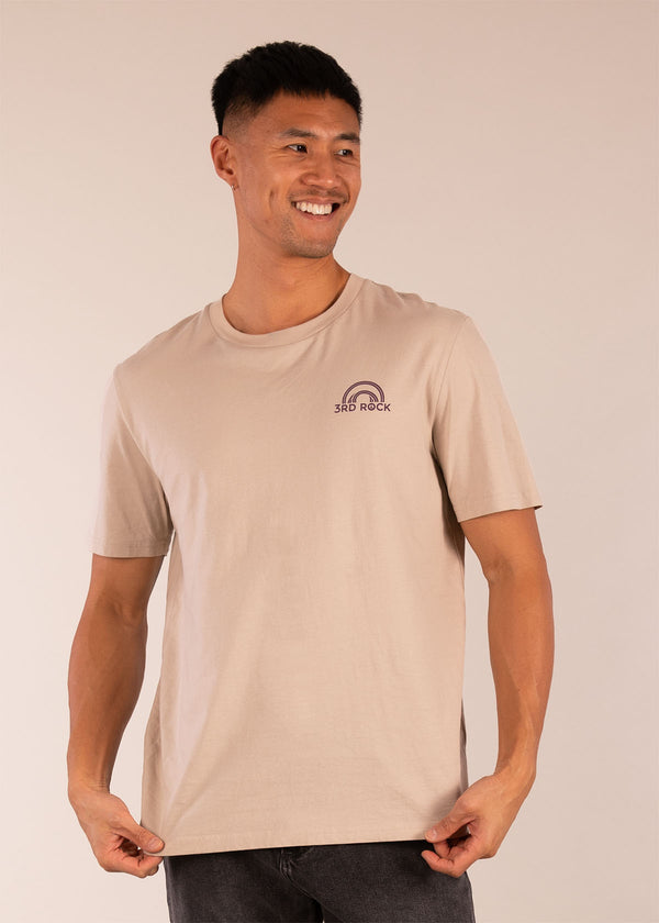 3RD ROCK Clothing organic cotton tee with horizon logo in our Sahara colouway - Donald is 6ft1″  with a 40" chest and is wearing a size L.