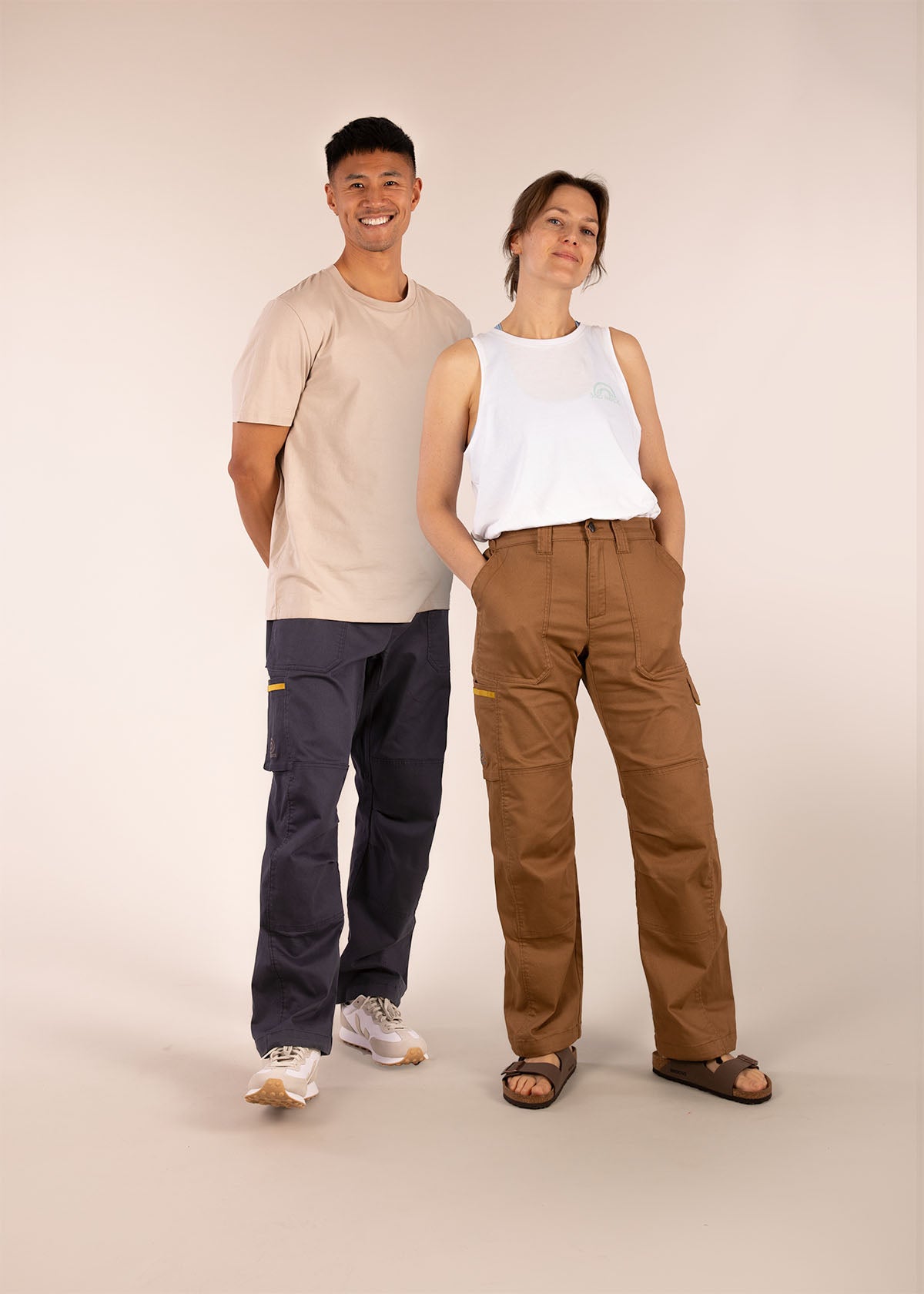 3RD ROCK stretchy cargo trousers for climbing and active lifestyles - Donald is 6ft1″  with a 30" waist, 36" hips & a 33" inseam and is wearing a size 32LL. Jess is 5ft 8” with a  29" waist, 38" hips & a 32.5" inseam and is wearing a size 28RL.